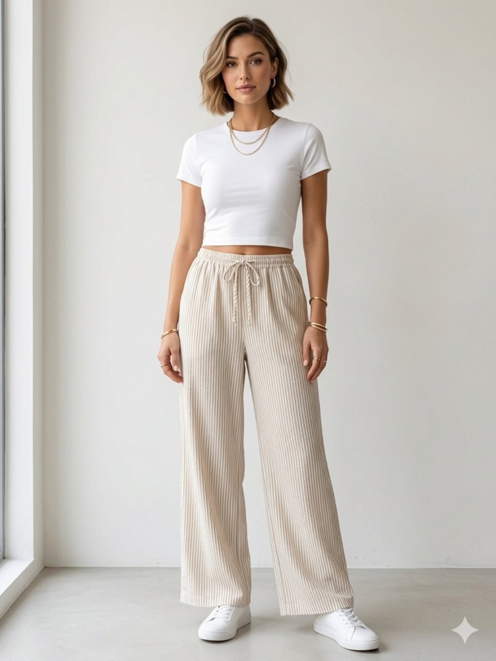 Stradivarius Wide-Leg Cream Striped Tan Cream Drawstring Pull-On Pants SZ M